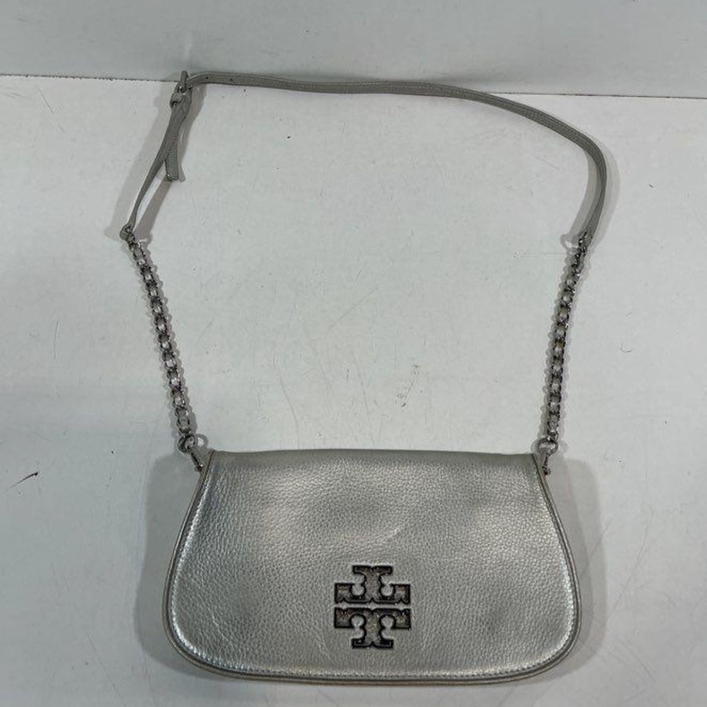 Women’s Tory Burch Metallic Silver Leather Flap Crossbody Bag